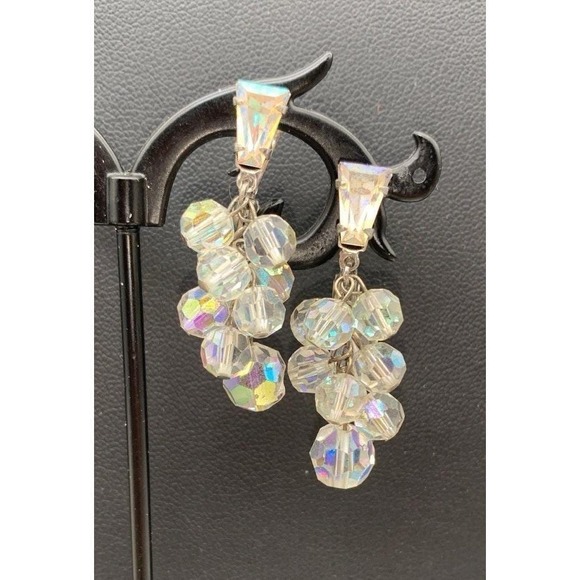 Vintage Lewis Segal AB Aurora Borealis Dangle Pierced Earrings Signed - Picture 2 of 5